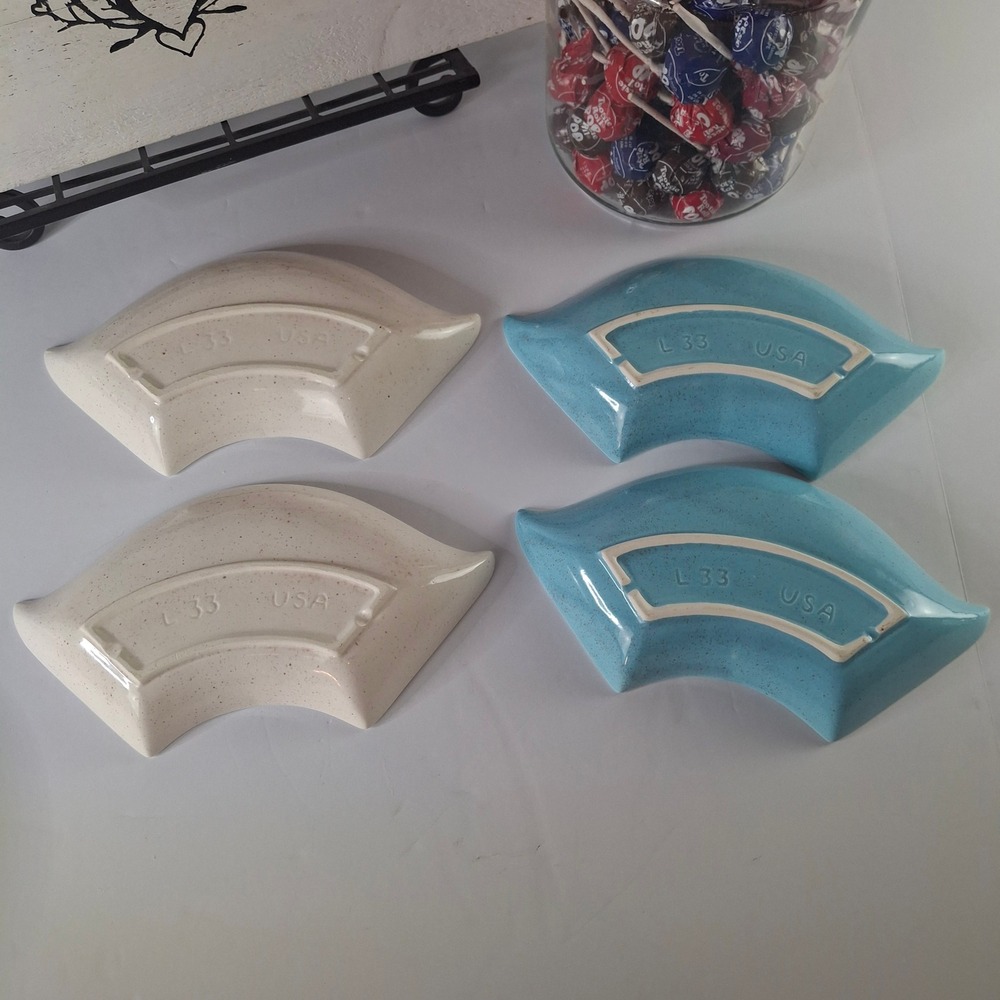 Vintage MCM L-33 USA Ceramic Leaf Chip and Dip Set Speckled Blue Cream 6 Pieces - Picture 7 of 9